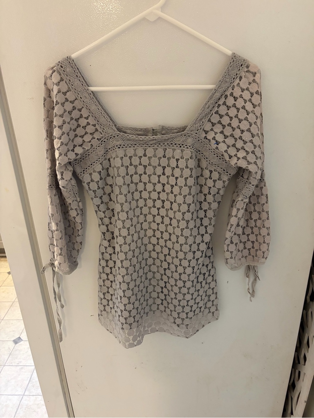 Solitaire Light Gray Off-Shoulder Crochet Knit Sweater